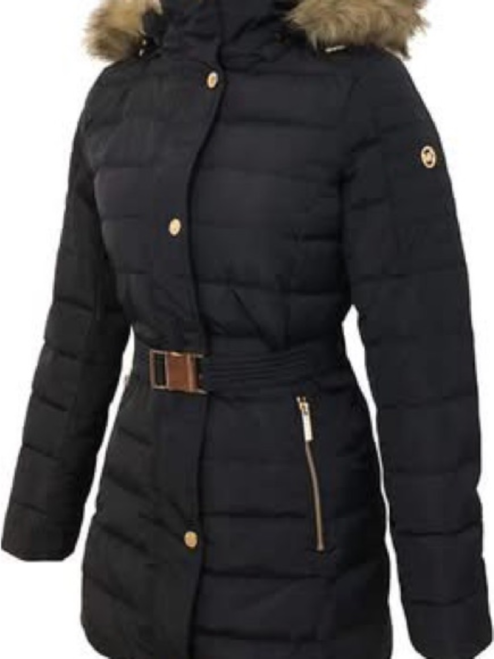 MICHAEL Michael Kors Black Quilted Belted Puffer with Faux Fur Trim